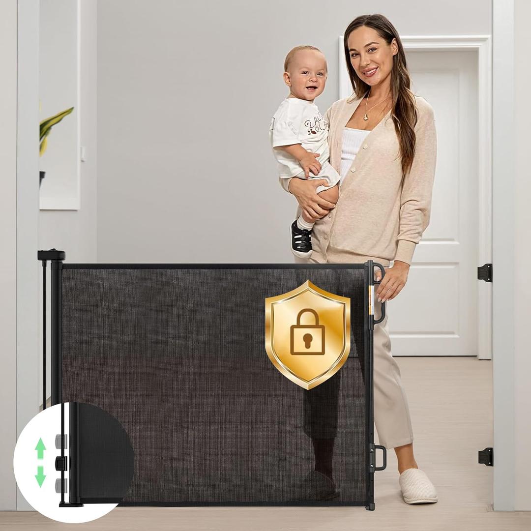 Momcozy Retractable Mesh Baby Gate or Dog Gate, Child Safety Gate for Indoor or Outdoor, 33-inches Tall with up to 55-inches Wide Extension, Avoid Skirting Installation, Black