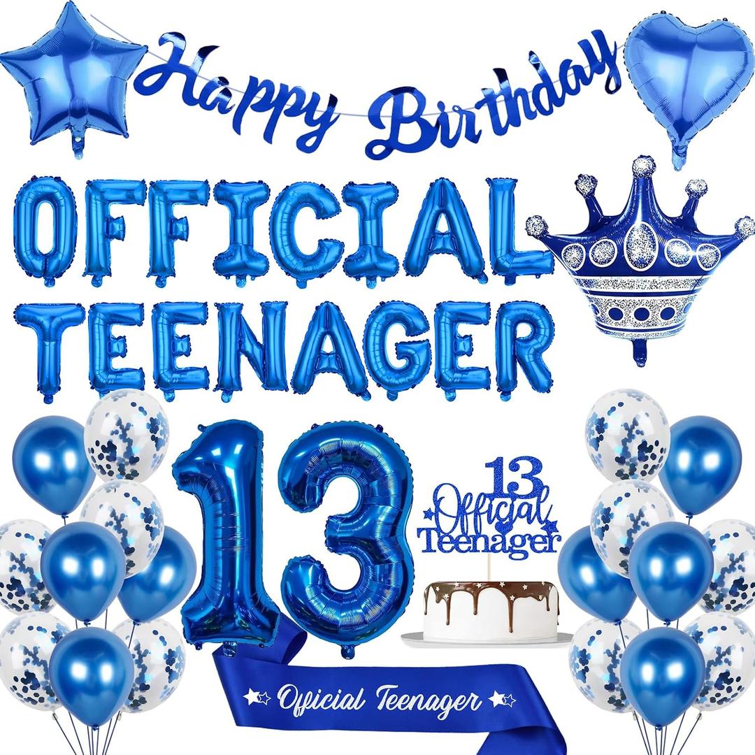 13th Birthday Decorations Balloons Boys - 40 Pcs Blue Banner Official Teenager Letter Number 13 Star Heart Crown Balloon Sash Cake Topper for Boy 13 Years Old Happy Birthday Party Decor Supplies