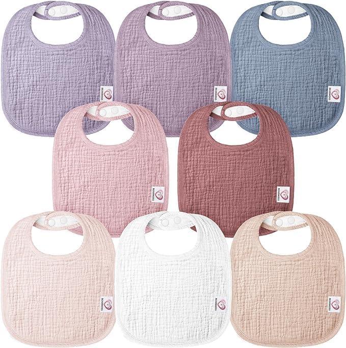 Bearmoss Muslin Baby Drooling Bibs 8 Pack, 100% Cotton Square Adjustable Bandana Bibs Gift for Baby Girls Boys Teething Drool (One Size, Summer Berry)