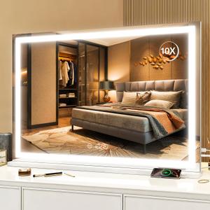 ROLOVE Large Vanity Mirror with Lights 35.5" x 27", LED Hollywood Makeup Mirror with USB Charging Port, 3 Color Modes, Dimmable Touch Control, 10X Magnification, Wall Mounted or Tabletop