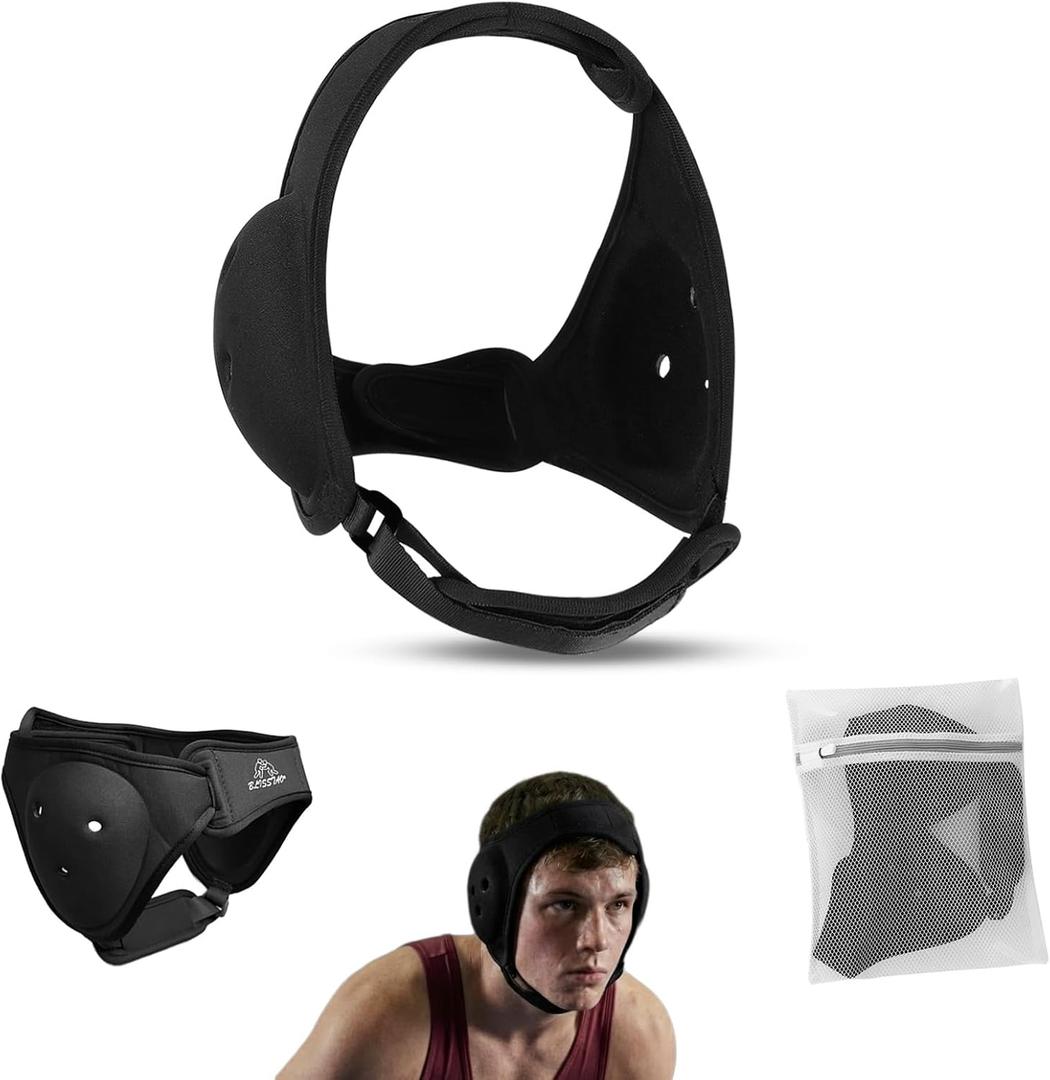 Wrestling Headgear and BJJ Ear Guard, Soft and Low Profile, Reinforced Stitching, Padded Chin Strap, Includes Protective Storage & Washing Bag (Extra-Large, Black)