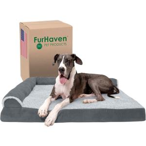 Furhaven Orthopedic Dog Bed for Large Dogs w/ Removable Bolsters & Washable Cover, For Dogs Up to 125 lbs - Two-Tone Plush Faux Fur & Suede L Shaped Chaise - Stone Gray, Jumbo Plus/XXL (53.0"L x 40.0"W x 9.5"Th, (Two-Tone Faux Fur & Suede) Stone Gray)