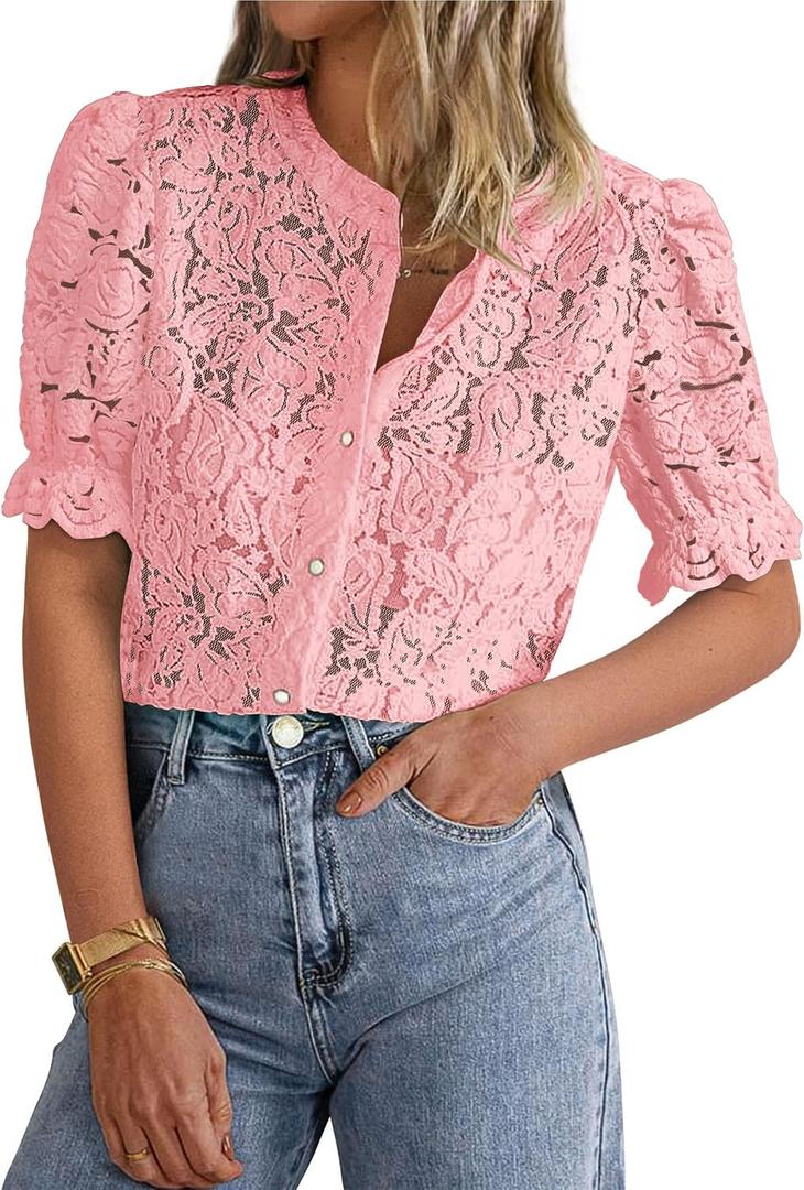PRETTYGARDEN Womens 2026 Spring Lace Tops Short Puff Sleeve Casual Dressy Blouses Eyelet Crew Neck Button Down Shirts (Pink, Small)