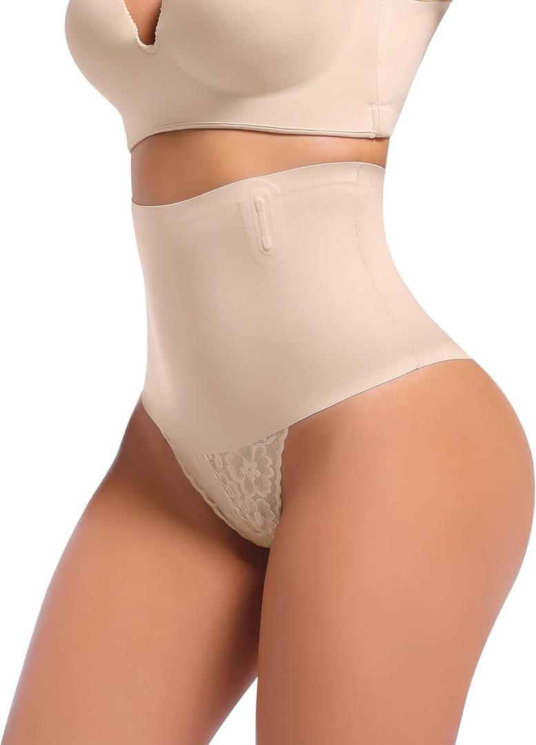 Niceuare Tummy Control Thong Shapewear for Women Seamless Mid Waisted Body Shaper Panties Lace Underwear Girdle Thong Nude Large