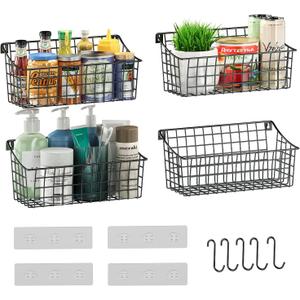 Sonyabecca 4 Pack Hanging Wall Basket for Organizing, Large Wire Basket for Storage Pantry with 5 S Hook+4 Adhesive Hook, Wall Mounted Shelf for Kitchen Bathroom (Black)