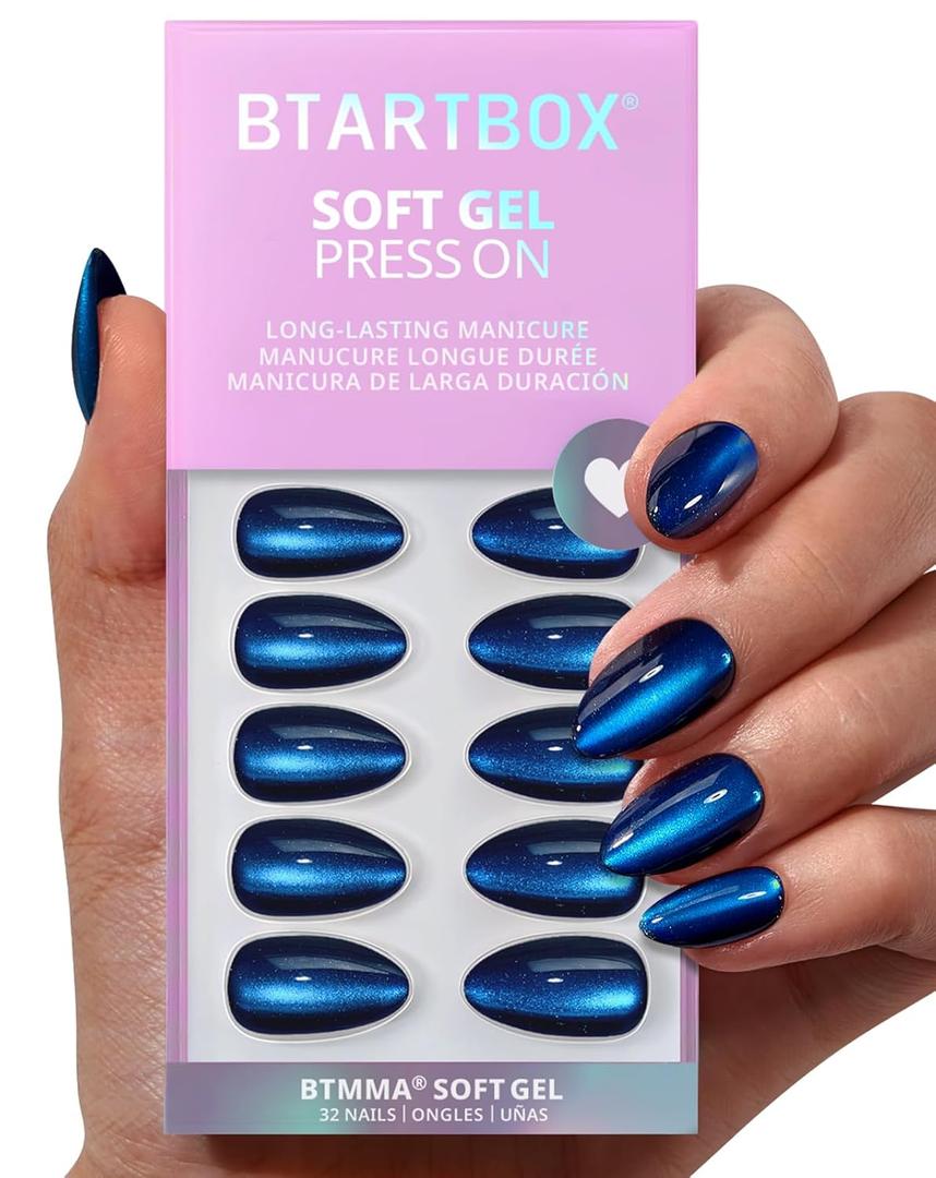 BTArtbox Press On Nails Almond - Forstbite Spell, Deep Blue Cat Eye Short Halloween Press On Nails with Glue for Women, Glossy Soft Gel Glue On Nails in 16 Sizes - 32 Stick On Nails Kit