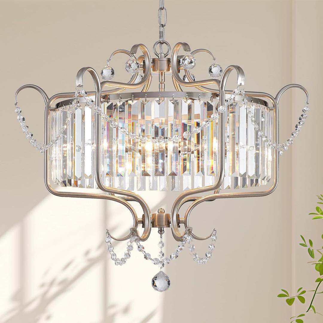 Modern Crystal Chandelier for Dining Room 24" Brushed Nickel Light Fixtures 6-Light Farmhouse Pendant Lighting for Kitchen Island Bedroom Hallway Entryway