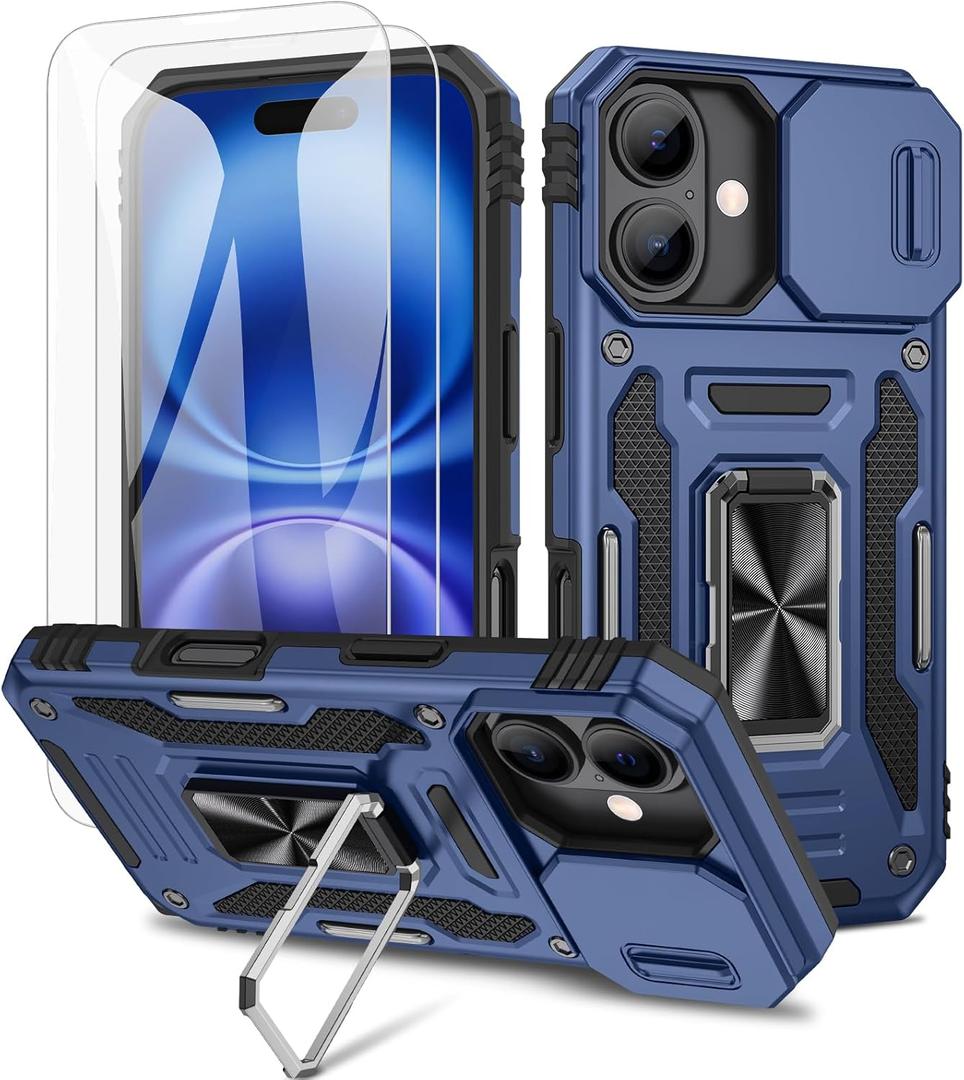 Maxdara Case for iPhone 16 with Stand, Built-in 360Rotating Kickstand & Tempered Glass Screen Protector Shockproof Protective Case for iPhone 16 6.1 inch, Navy Blue