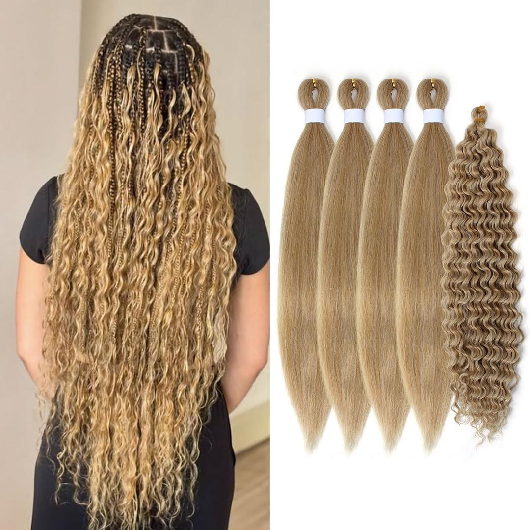 Ash Honey Blonde Braiding Hair Pre stretched,Knotless Boho Hair for Braiding Synthetic Hypoallergenic Curly Crochet Braids Twist Bohemian Box Braids Hair (#M27/613 5Packs)