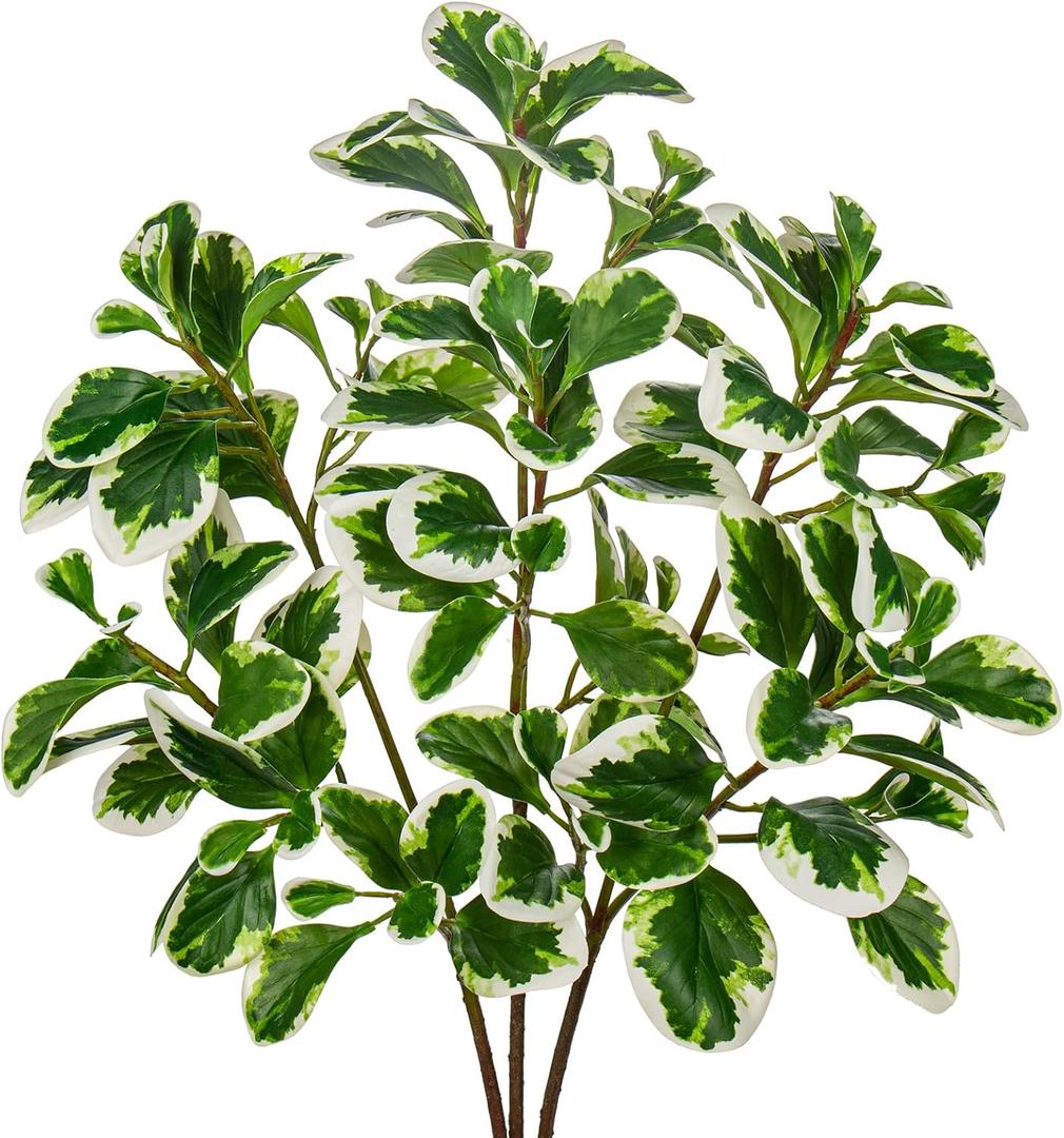 3PCS 27" Fake Plants, Tall Artificial Peperomia Tetraphylla Leaf Branches, Real Touch White Green Fake Leaves Faux Greenery Stem for Vase Arrangement Kitchen Console Table Decor
