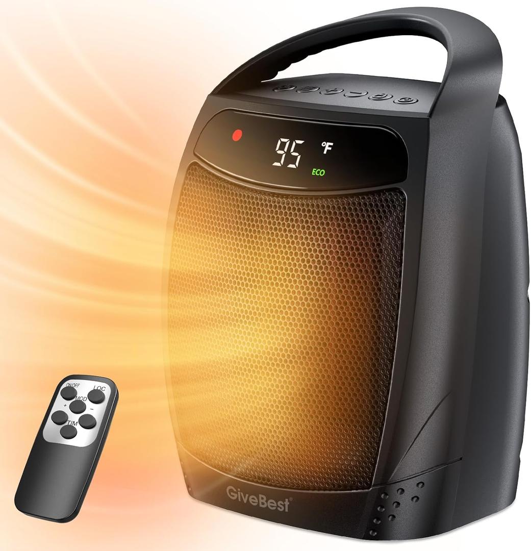 GiveBest Space Heater, 1500W Electric Portable Heaters for Indoor Use, Remote, 4 Mode, Timer, ECO Mode, PTC Ceramic Fast Safety Heat for Bedroom Office Home (Black-Digital)