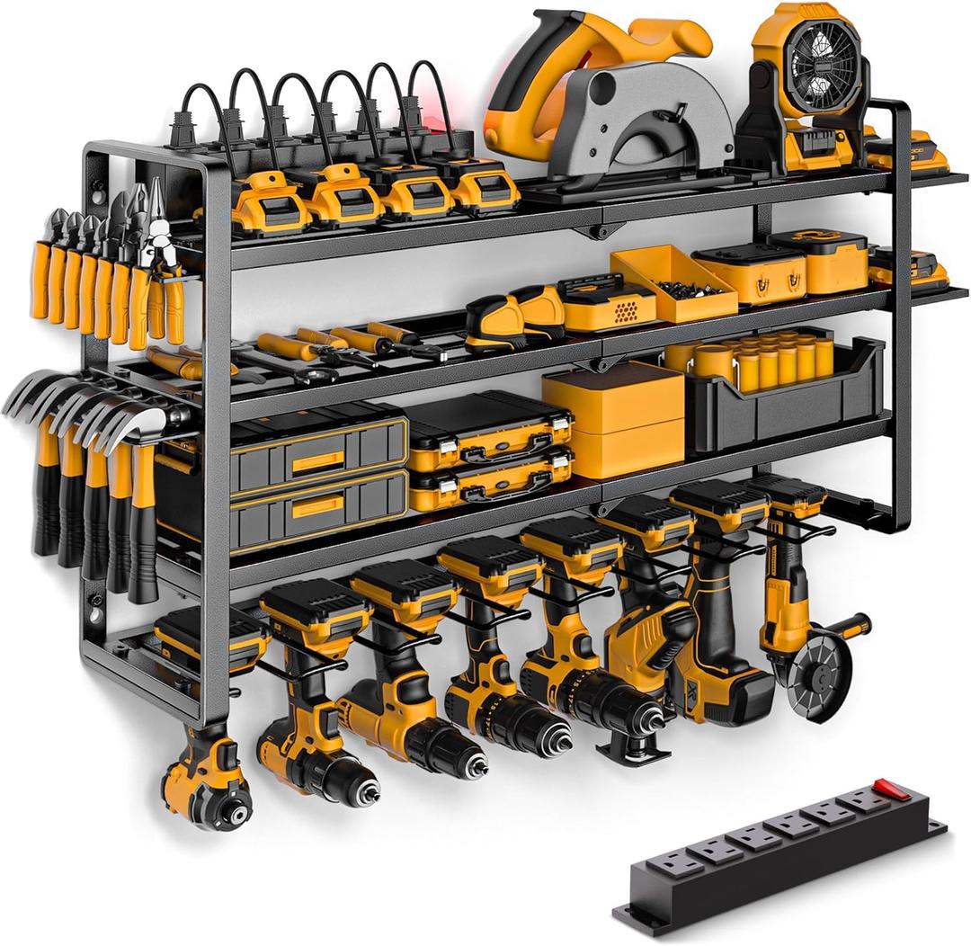 Power Tool Organizer Wall Mount with Charging Station, 4 Layer 8 Slots Cordless Drill Holder for Garage Storage, Utility Racks Max 420lbs Load With 6 Outlet Power Strip for Fathers Men Gift