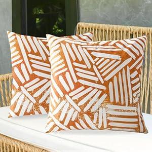 CaliTime Throw Pillow Covers Outdoor Waterproof Pack of 2 Cozy Mottled Streaked Lines Geometric Decorative Cushion Cases for Garden Patio Tent Balcony Couch Sofa 18 X 18 Inches Burnt Orange