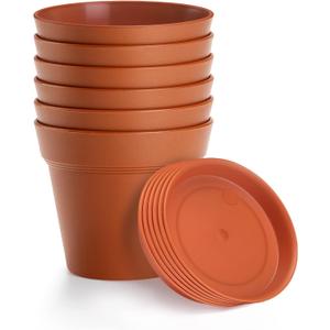 6 Pack Plastic Plant Pots with Drainage Holes and Tray, 7 inch Thickened Indoor Planters Seedlings Nursery Pots for Flowers, African Violet, Succulent and All House Plants, Terracotta