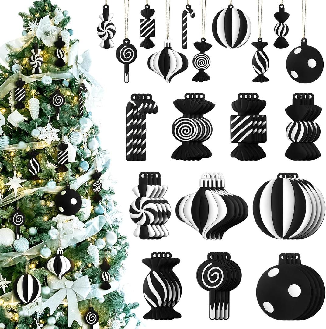 40 Pcs Black and White Christmas Tree Ornaments PVC Xmas Candy Cane Lollipop Ornament Christmas Hanging Decors Birthday Party Decoration Crafts for Holiday Xmas Tree Party (Novel Style)