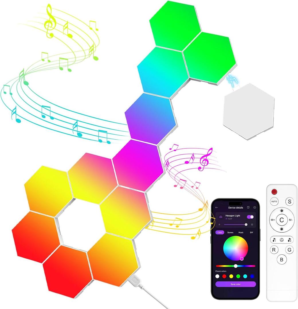 12 Pack Hexagon LED Wall Light Panels  RGB Smart Lights with APP & Remote, Music Sync Honeycomb Design  Modular Gaming Wall Decor for Bedroom, Kids Room, and Living Room