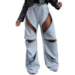 LETSVDO Women's Wide Leg Baggy Sweatpants High Waisted Patchwork Flare Pants Y2k Cut Out Multi Zipper Cargo Sweatpant L