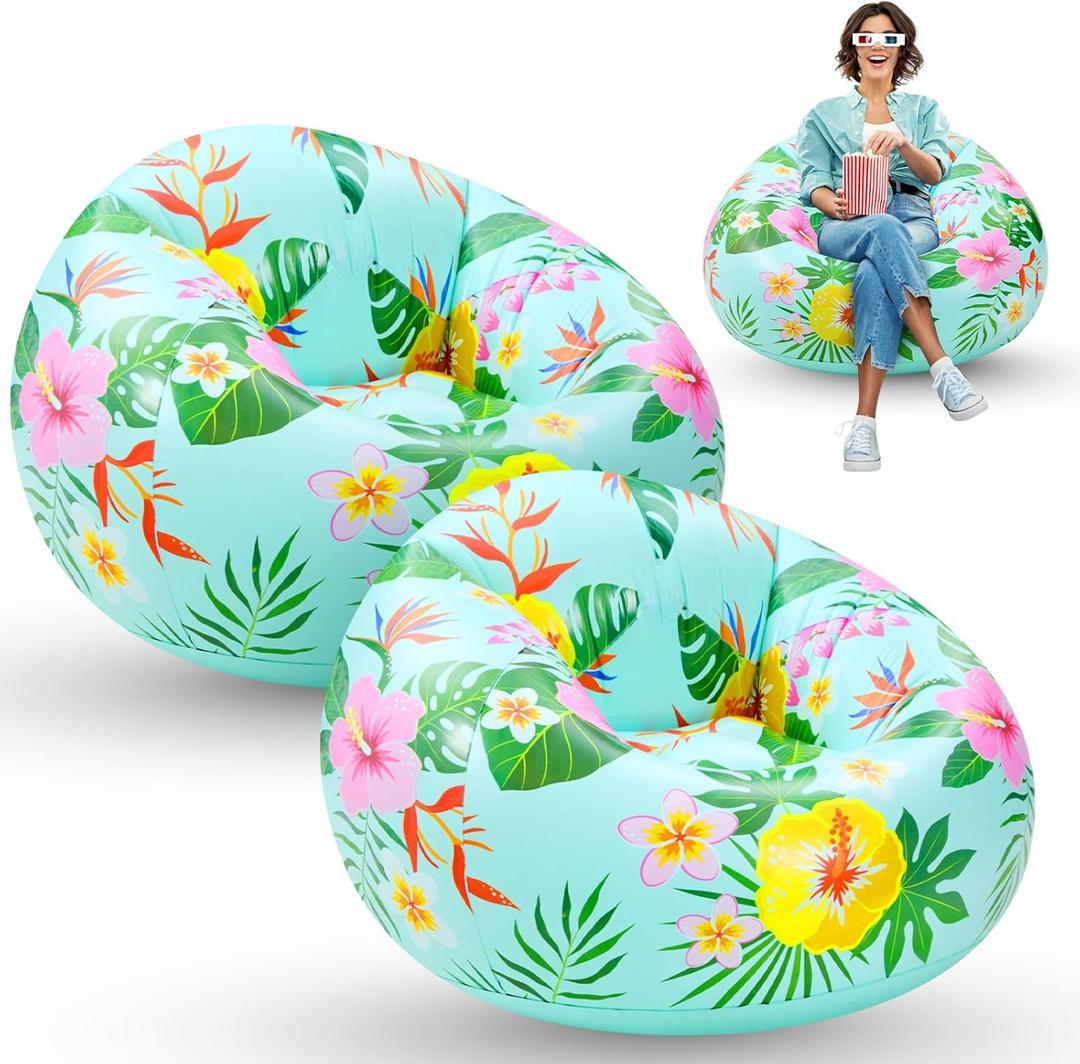 2 Pcs Blow up Chairs Hawaiian Inflatable Bean Bag Couch Luau Pool Chair Portable Lazy Sofa Seat Game Couch for Summer Movie Night Pool Camping Balcony Living Bedroom Reading (Flower)