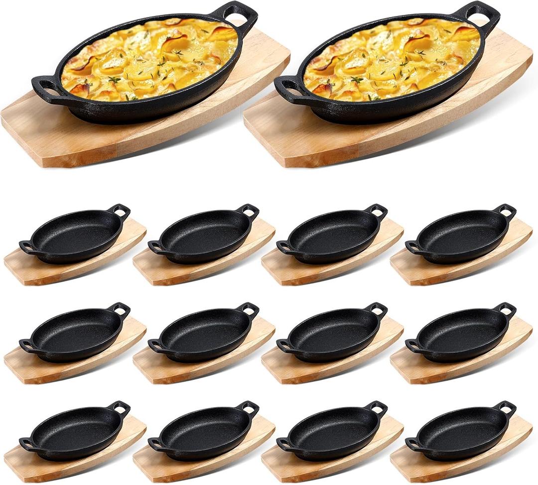 Mifoci 12 Pcs Cast Iron Skillet with Wooden Base Mini Cast Iron Fajita Plates Baker's Skillet Matte Black Small Pan for Kitchen Restaurant Barbecue Dinner (8.7 x 4.7 x 1.6 Inches)
