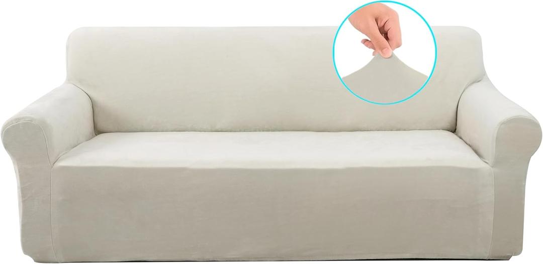 U-NICE HOME Velvet Sofa Covers Stretch Couch Covers for 3 Cushion Couch Furniture Protector Sofa Slipcover (Large, Beige)