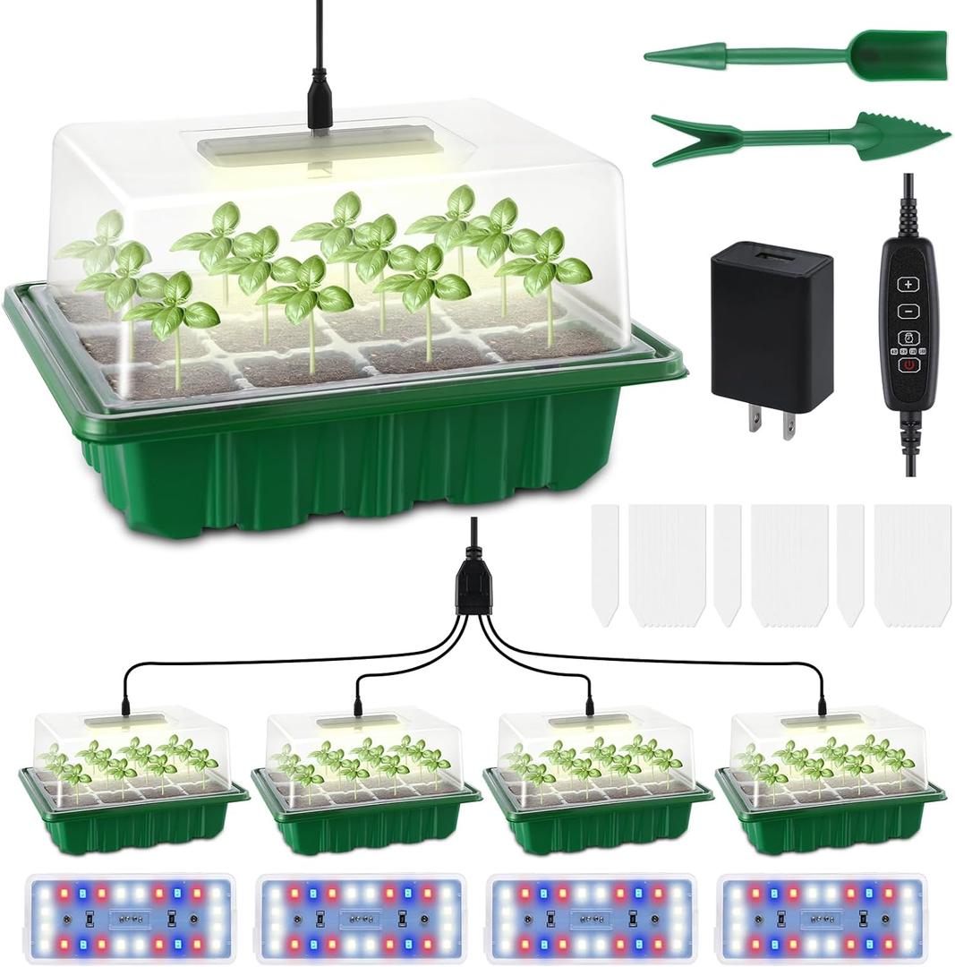 Seed Starter Tray Medium Size 4 Packs, Seed Starter Kit with Upgraded 24 Full Spectrum LEDs, Adjustable Brightness and Timer, with Drainage Holes, Tools and Labels for Indoor Plant Growing