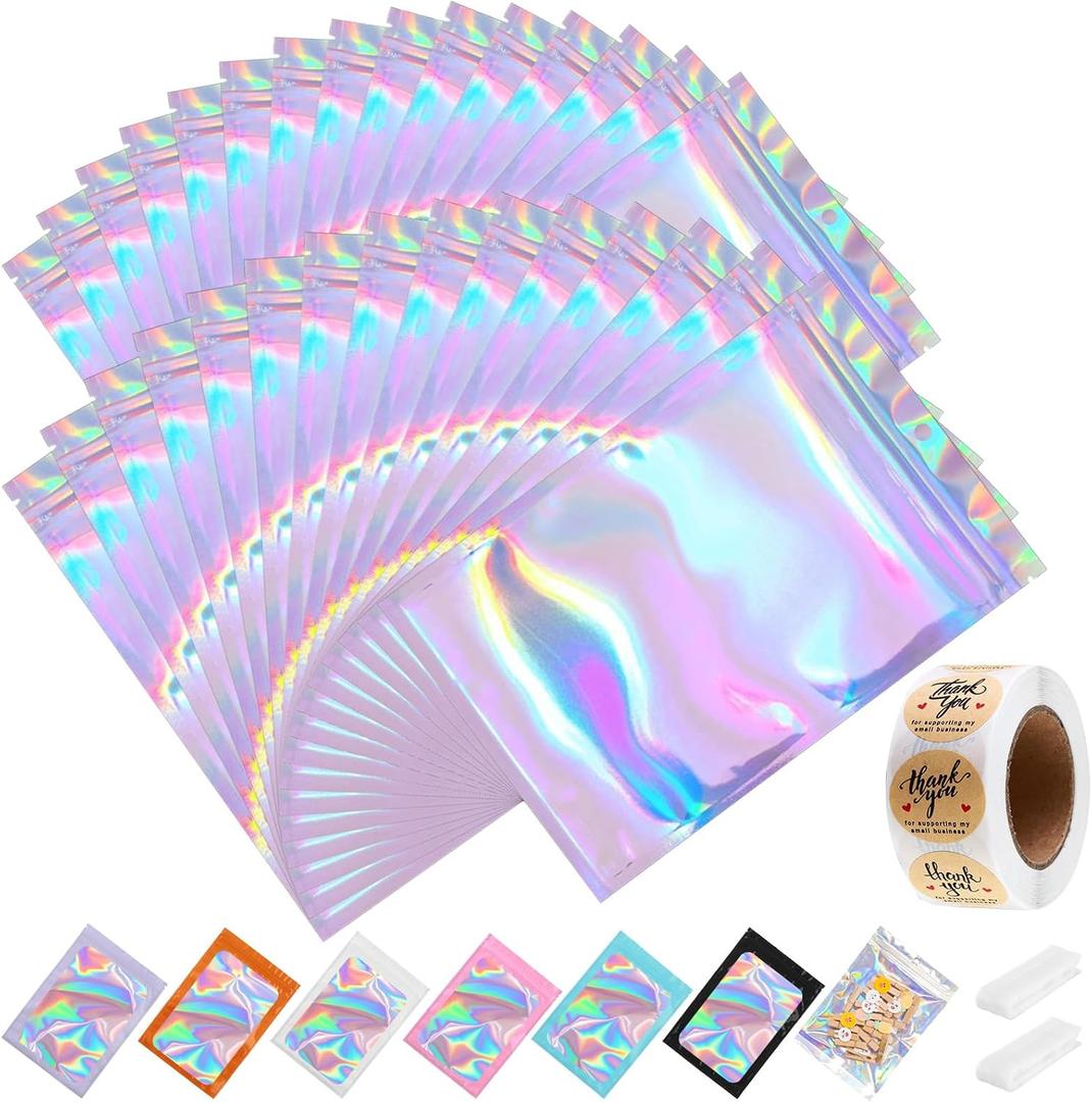 100-pack 7" x 10" 1 Quart Holographic Mylar Bags with Clear Window Resealable Foil Pouches for Food Storage Large Smell Proof Edible Packaging Bag Bulk for Cookies, Jewelry and Small Business
