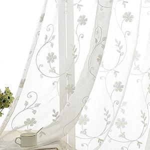 SLOW SOUL Set of 2 Panels White Embroidered Flowers Sheer Curtains for Bedroom Living Dining Room Farmhouse Drapes Curtain with Rod Pocket White 52"W X 102" Length