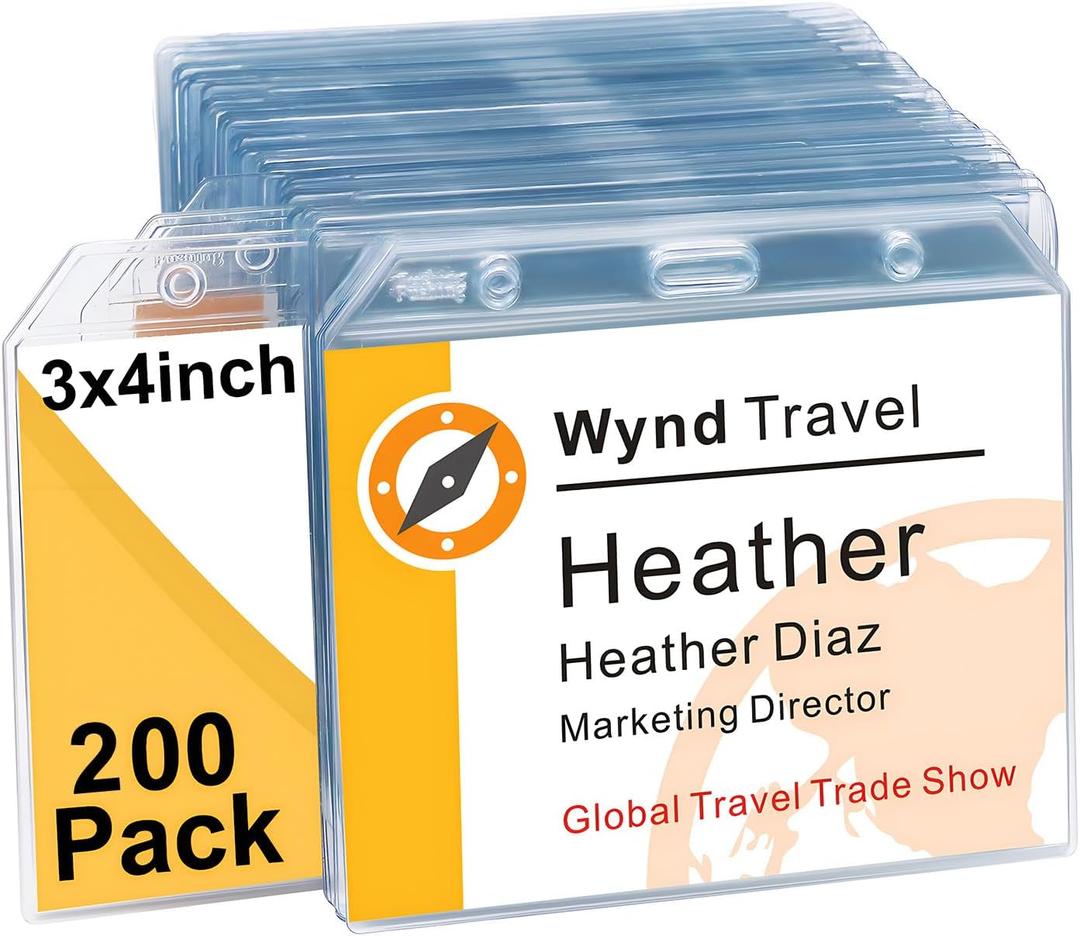 Fushing 3x4 Clear PVC No Zipper Horizontal Name Tag Holders - ID Card Holders for 3 x 4 Inch Name Badge Inserts (200)