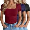 Ficerd 3 Pack Women's Square Neck Shirts, Short Sleeve Slim Fit Tops Scoop Neck Summer Casual Basic T-Shirts Tee M