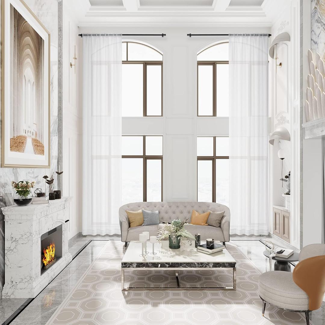 MASWOND Extra Long Faux Linen Sheer Curtain, High Ceilings, Rod Pocket Translucent Voile Sheer Breathable Curtain Panels for Living Room, Custom Made 16ft Length, 50" W x 192" L, White, 1 Panel