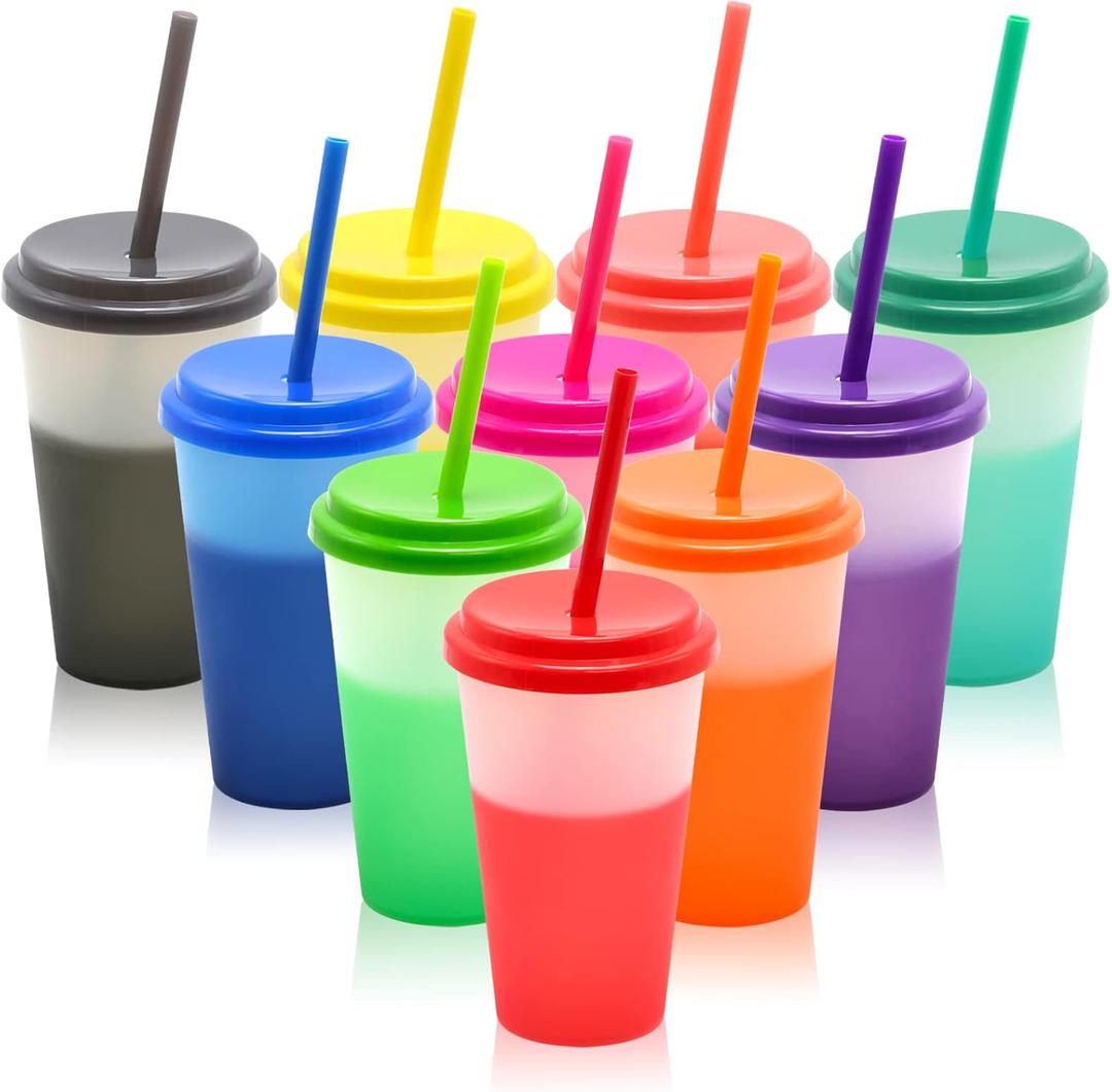 FIEKEICC Color Changing Cups 10Pcs 12oz Plastic Tumblers With Lids and Straws for Iced Coffee Smoothie - Reusable Leak Proof Party Cups for Kids