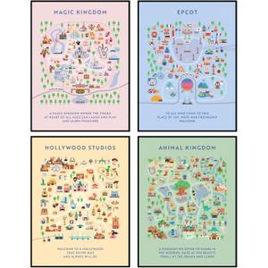 ALYAM STORE Disneyland Map Posters, Unframed 12x16 inches, Set of 4, Wall Art for Boys Room, Epcot, Magic Kingdom, Hollywood Studios, Animal Kingdom