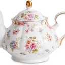 Flower Ceramic Teapot,22oz Porcelain Tea pot for Tea Coffee Milk for Office Home Men Women as Gift(White and Small flowers)