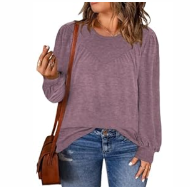 DOLNINE Womens-Plus-Size-Tops Trendy Puff Long Sleeve Shirts Cute Crewneck Pleated Blouses Lightweight Loose Fit Sweatshirts (3X-Large)