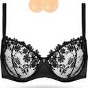 Wingslove Women's Sexy Lace Bra Demi Sheer Mesh Balconette See Through Bralette Unlined Underwire Embroidered (Black), 32D