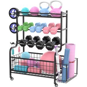 WALMANN Dumbbell Rack Home Gym Weight Rack for Dumbbells, Kettlebells, Foam Rollers, Yoga Mats and Resistance Bands, Workout Gear Organizer With Wheels