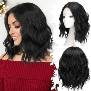 Black Short Wavy Wig for Women Lace Hairline Bob Style Synthetic Heat Resistant - Natural Appearance for Everyday Hairstyle 14 Inch