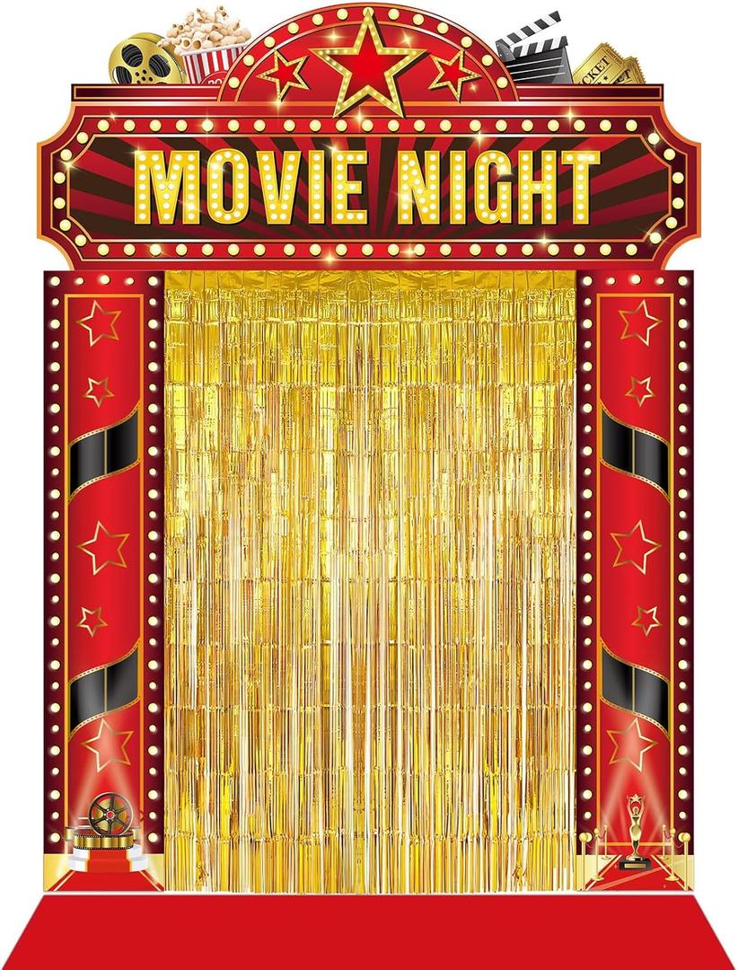 Movie Night Porch Sign Banner Movie Themed Party Decorations Gold Foil with Red Carpet Runner Movie Theater Film Show Backdrop for Home Entryway Birthday Photo Prop Party Supplies