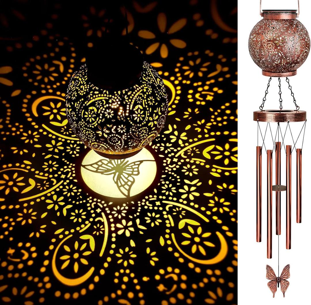 YHmall Solar Wind Chimes for Outside, Hanging Memorial Wind Chimes for Mom Women Grandma, Flower Solar Lantern Windchimes Outdoors for Garden Decor