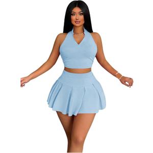 RoseSeek Women's 2 Piece Tennis Skirt Set Sleeveless Racerback Crop Tank Tops High Waisted Pleated Mini Skirt Outfits Pure Blue Large