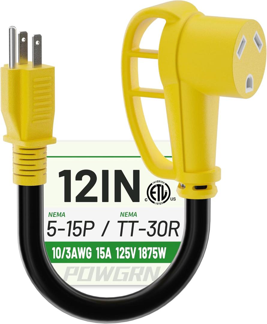 POWGRN RV 30 Amp to 110 Adapter 12 inch, Heavy Duty 10/3 Gauge RV Electrical Adapter, NEMA 5-15P Male to NEMA TT-30R Female, STW 10AWG 15A 125V 1875W, Black-Yellow, ETL Listed