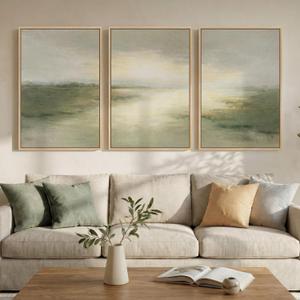 Large Framed Sage Green Abstract Landscape Wall Art for Living Room, 3 Piece Modern Canvas Prints Paintings Artwork for Walls, Nature Rustic Pictures Wall Decor for Bedroom Farmhouse Office 24x36 In, 24" W x 36" H x 3Pcs