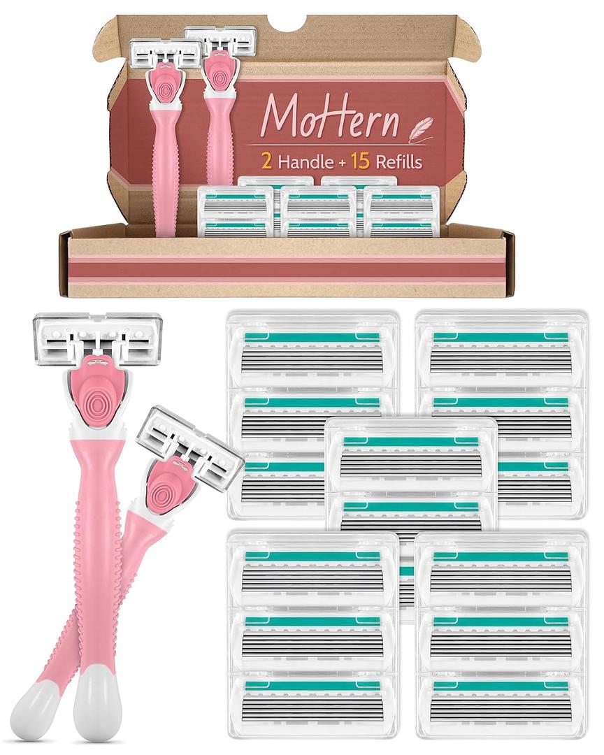 Razors for Women Sensitive Skin with 15 Blade Refills, 6 Blades Women's razors for Shaving Including 2 Travel Razors for Women with 15 Blade Refills, Green (Pack of 17), Pink