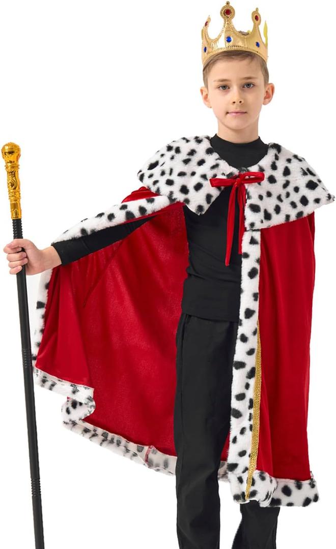 King Costume For Boys Red Royal Kings Cloak with Crown And Scepter Set Luxurious Velvet Cape with Faux Fur Trim