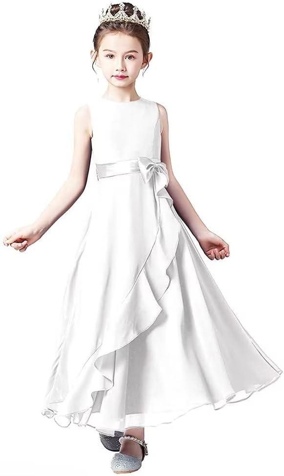 Little Juniors Girl Long Bridesmaid Dress Wedding Flower Girls Formal Pageant Party Dresses Chiffon Sleeveless (12, White)