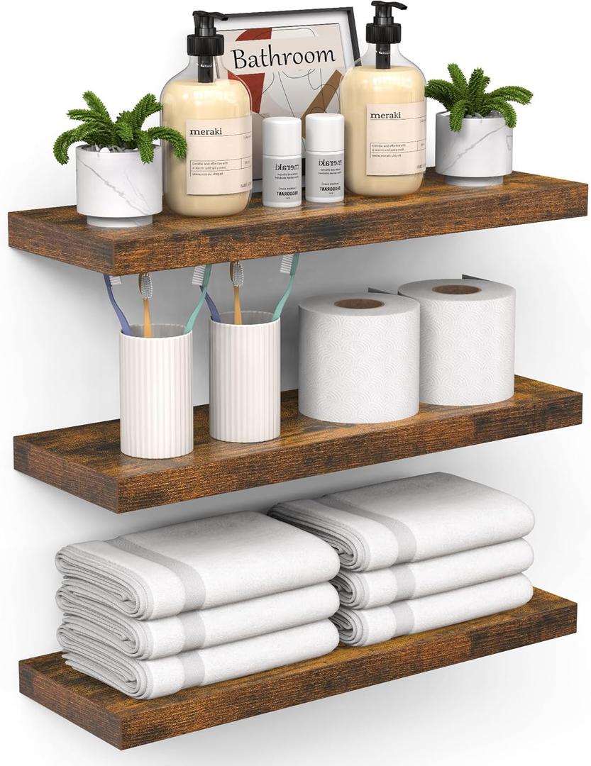 BAYKA Floating Shelves for Wall  Bathroom Shelves Rustic Wood with Metal Brackets for Bathroom, Bedroom, Kitchen, or Living Room Decor  Rustic Brown, Set of 3, Sturdy Storage with 22lb Capacity (15.7inches)