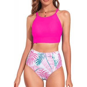 Herseas Women's Tankini Sets Solid High Neck Top Floral Print Bikini Bottom High Rise 2 Piece Popular Swimsuits Teen Girls Tummy Control Hot Pink Bathing Suits Trendy Cruise Outfits Medium