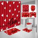 4PCS Valentine's Day Red Love Shower Curtain,with Non-Slip Rugs,Toilet Lid Cover and Bath Mat,Valentines Holiday Bathroom Shower Decor Accessory Set
