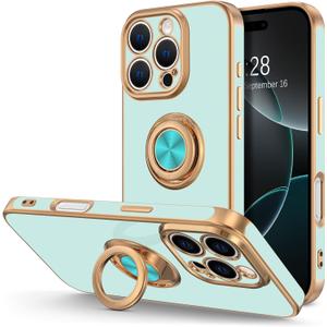 Hython for iPhone 16 Pro Max Case with Ring Stand, 360 Rotatable Ring Holder Magnetic Kickstand, Plating Rose Gold Edge Soft Cover Protective Phone Case for iPhone 16 Pro Max 6.9", Mint