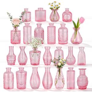 BEAHOT 24 Pack Pink Bud Vases in Bulk,Mini Glass Vintage Vases for Centerpieces,Wedding Decor, Small Flower Vases for Party & Home Decaration,Mother's Day (Pink)